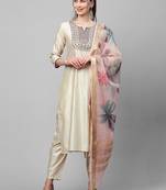 Women Cream-Coloured Floral Yoke Design Regular Thread Work Liva Kurta with Trousers & With Dupatta