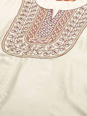 Women Cream-Coloured Floral Yoke Design Regular Thread Work Liva Kurta with Trousers & With Dupatta 2