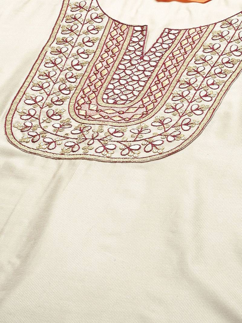 Women Cream-Coloured Floral Yoke Design Regular Thread Work Liva Kurta with Trousers & With Dupatta