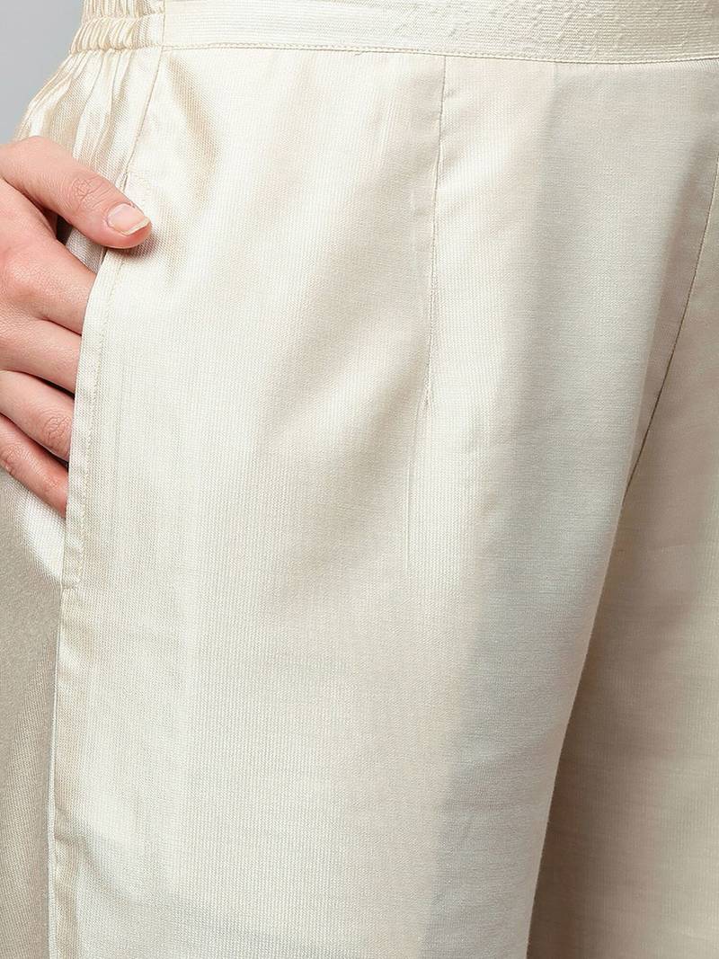 Women Cream-Coloured Floral Yoke Design Regular Thread Work Liva Kurta with Trousers & With Dupatta