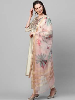 Women Cream-Coloured Floral Yoke Design Regular Thread Work Liva Kurta with Trousers & With Dupatta 5
