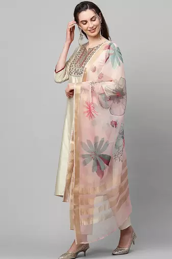 Women Cream-Coloured Floral Yoke Design Regular Thread Work Liva Kurta with Trousers & With Dupatta