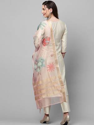 Women Cream-Coloured Floral Yoke Design Regular Thread Work Liva Kurta with Trousers & With Dupatta 6