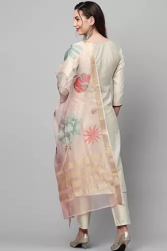 Women Cream-Coloured Floral Yoke Design Regular Thread Work Liva Kurta with Trousers & With Dupatta