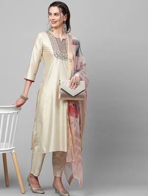 Women Cream-Coloured Floral Yoke Design Regular Thread Work Liva Kurta with Trousers & With Dupatta 7