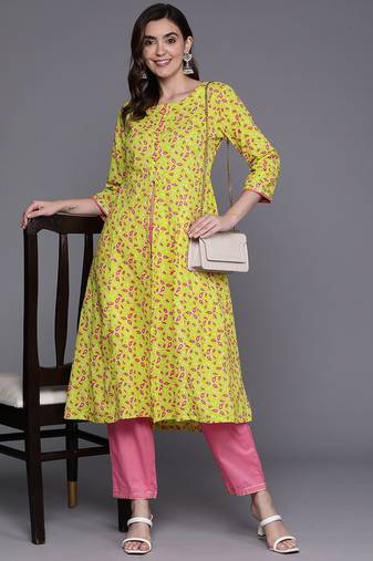 Floral Printed Empire Gotta Patti Pure Cotton Kurta With Trousers