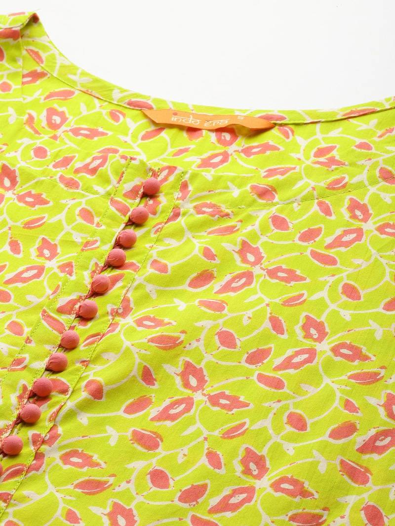 Floral Printed Empire Gotta Patti Pure Cotton Kurta With Trousers