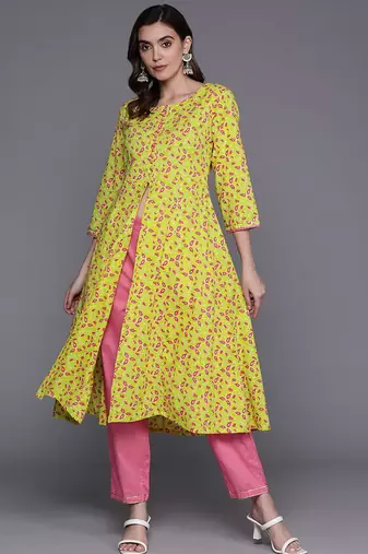 Floral Printed Empire Gotta Patti Pure Cotton Kurta With Trousers