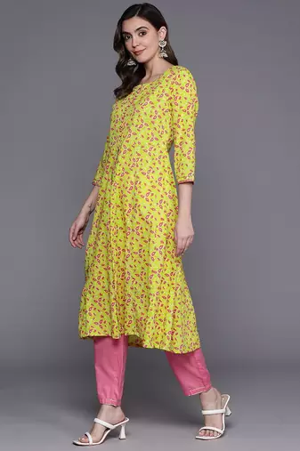 Floral Printed Empire Gotta Patti Pure Cotton Kurta With Trousers