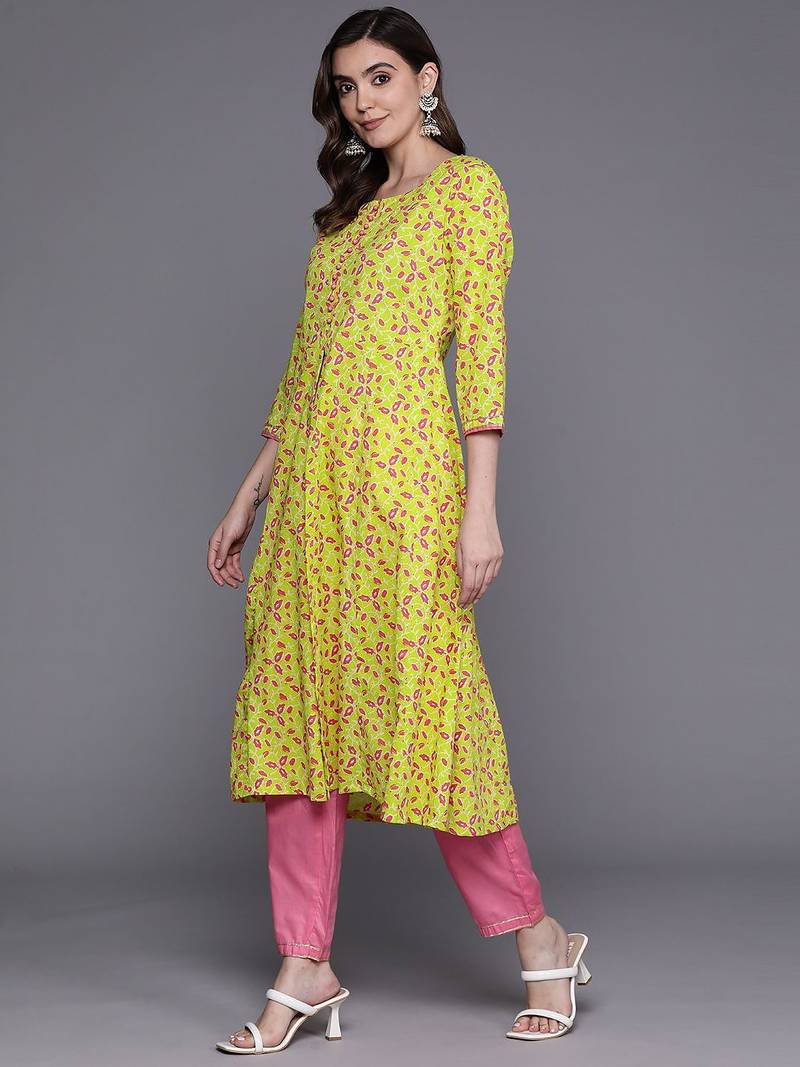 Floral Printed Empire Gotta Patti Pure Cotton Kurta With Trousers