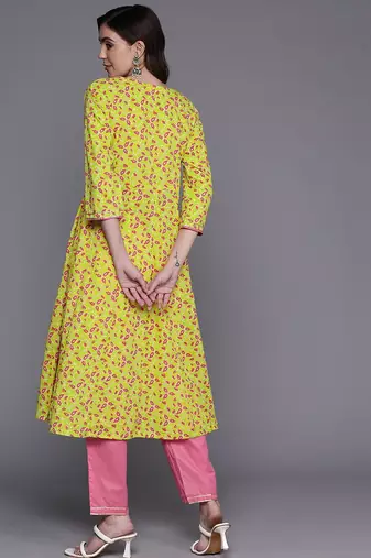 Floral Printed Empire Gotta Patti Pure Cotton Kurta With Trousers