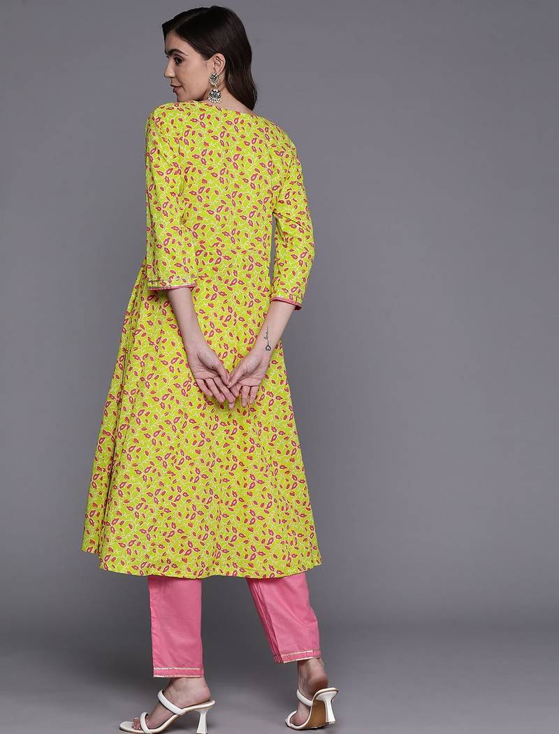 Floral Printed Empire Gotta Patti Pure Cotton Kurta With Trousers