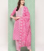 Women Floral Printed Regular Gotta Patti Cotton Kurta with Trousers & Dupatta