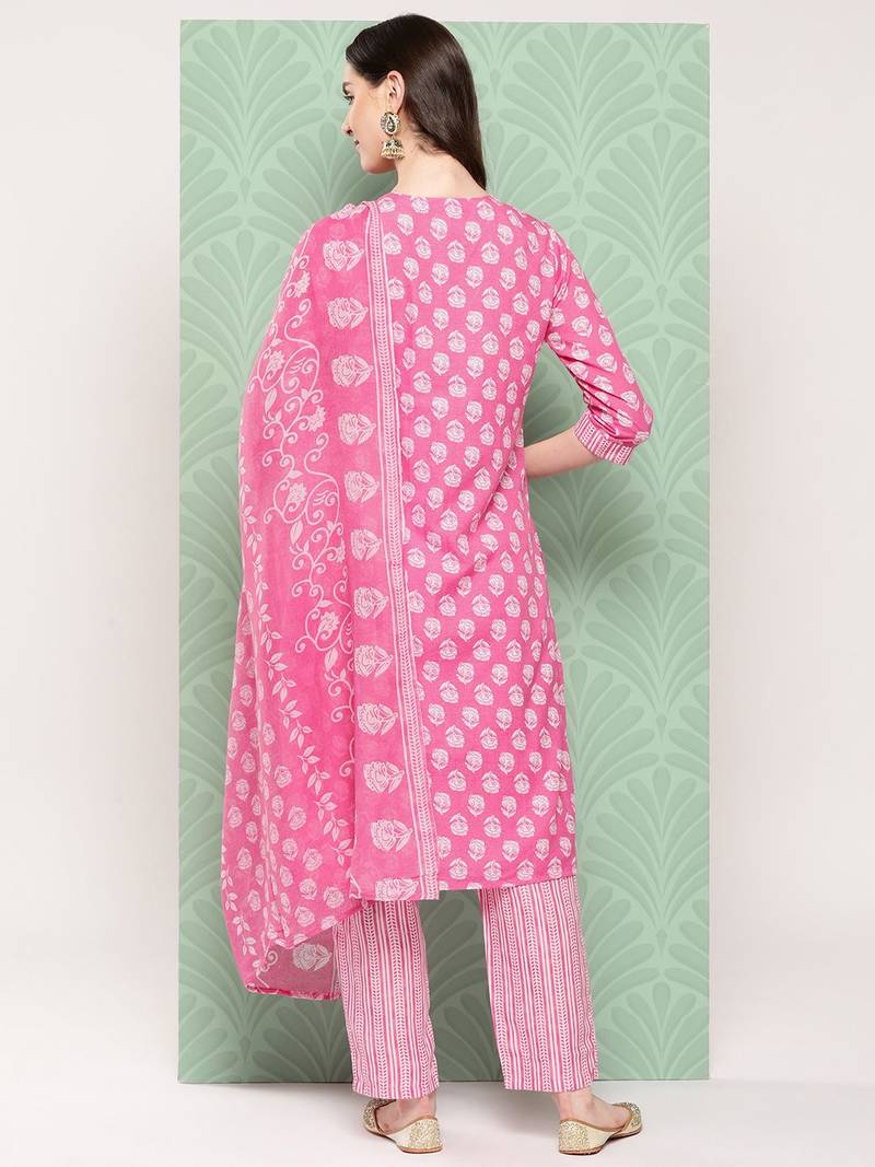 Women Floral Printed Regular Gotta Patti Cotton Kurta with Trousers & Dupatta