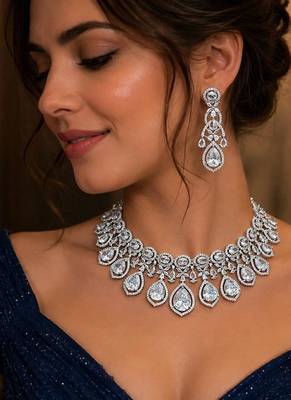 Crystal Bridal Necklace Earrings Set, CZ Statement Jewelry, Indian Wedding Glamour 1