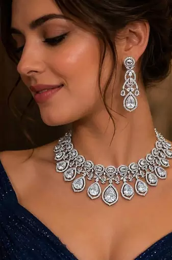 Crystal Bridal Necklace Earrings Set, CZ Statement Jewelry, Indian Wedding Glamour