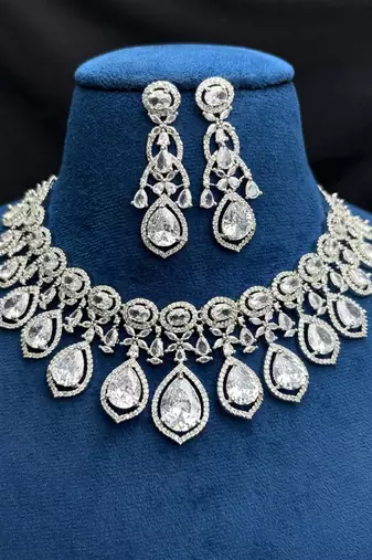 Crystal Bridal Necklace Earrings Set, CZ Statement Jewelry, Indian Wedding Glamour
