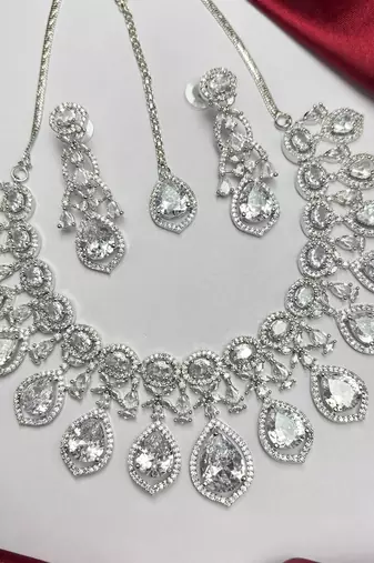 Crystal Bridal Necklace Earrings Set, CZ Statement Jewelry, Indian Wedding Glamour