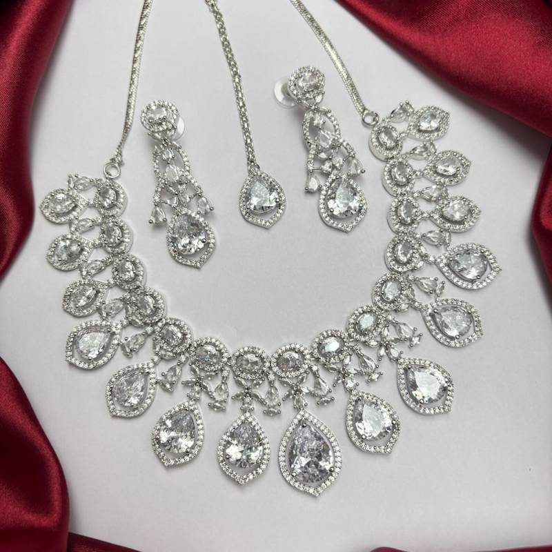Crystal Bridal Necklace Earrings Set, CZ Statement Jewelry, Indian Wedding Glamour