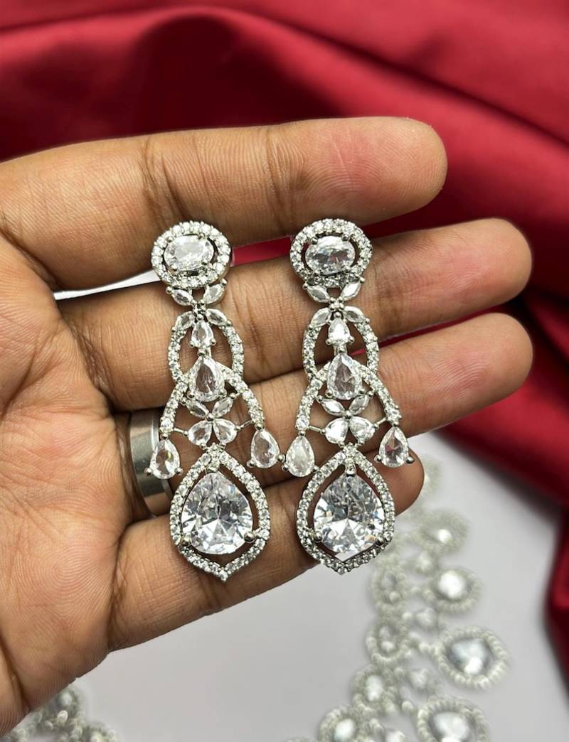 Crystal Bridal Necklace Earrings Set, CZ Statement Jewelry, Indian Wedding Glamour