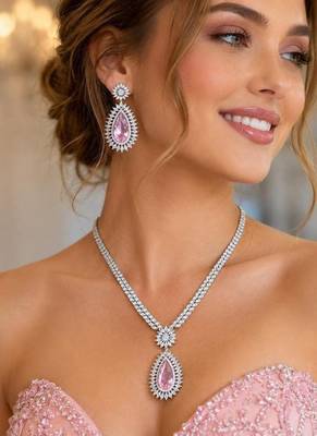 Pink Teardrop Crystal Bridal Jewelry Set, Pear Cut CZ Necklace Earrings, Silver Finish 1