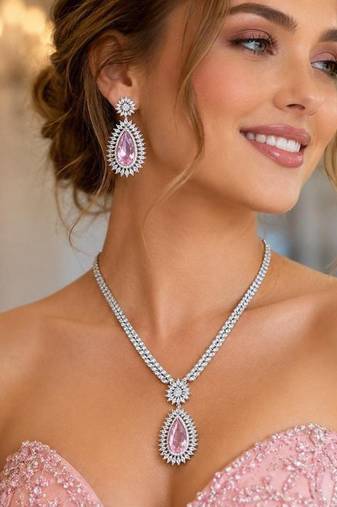 Pink Teardrop Crystal Bridal Jewelry Set, Pear Cut CZ Necklace Earrings, Silver Finish