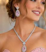 Pink Teardrop Crystal Bridal Jewelry Set, Pear Cut CZ Necklace Earrings, Silver Finish
