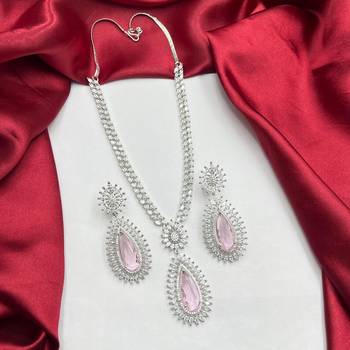 Pink Teardrop Crystal Bridal Jewelry Set, Pear Cut CZ Necklace Earrings, Silver Finish 2