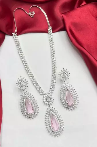 Pink Teardrop Crystal Bridal Jewelry Set, Pear Cut CZ Necklace Earrings, Silver Finish