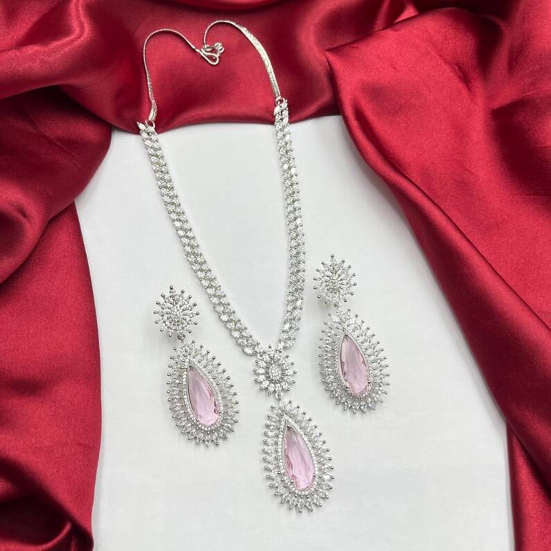 Pink Teardrop Crystal Bridal Jewelry Set, Pear Cut CZ Necklace Earrings, Silver Finish