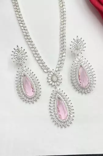 Pink Teardrop Crystal Bridal Jewelry Set, Pear Cut CZ Necklace Earrings, Silver Finish