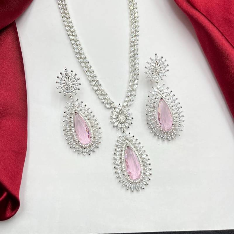 Pink Teardrop Crystal Bridal Jewelry Set, Pear Cut CZ Necklace Earrings, Silver Finish