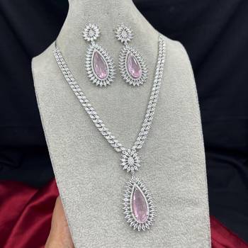 Pink Teardrop Crystal Bridal Jewelry Set, Pear Cut CZ Necklace Earrings, Silver Finish 4