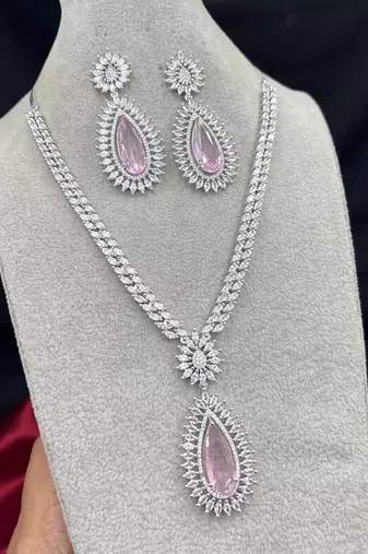 Pink Teardrop Crystal Bridal Jewelry Set, Pear Cut CZ Necklace Earrings, Silver Finish