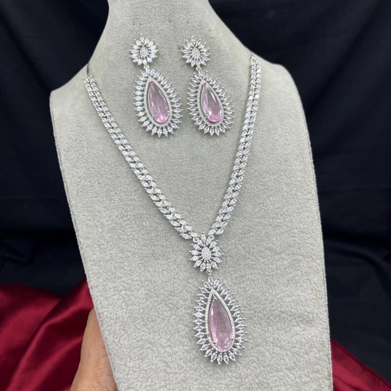 Pink Teardrop Crystal Bridal Jewelry Set, Pear Cut CZ Necklace Earrings, Silver Finish