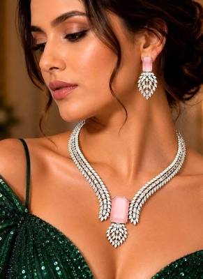 Pink Emerald Cut Statement Necklace Earrings Set, CZ Bridal Jewelry, Silver Crystal Bridesmaid Prom 1