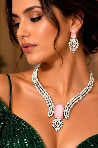 Pink Emerald Cut Statement Necklace Earrings Set, CZ Bridal Jewelry, Silver Crystal Bridesmaid Prom