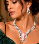 Pink Emerald Cut Statement Necklace Earrings Set, CZ Bridal Jewelry, Silver Crystal Bridesmaid Prom
