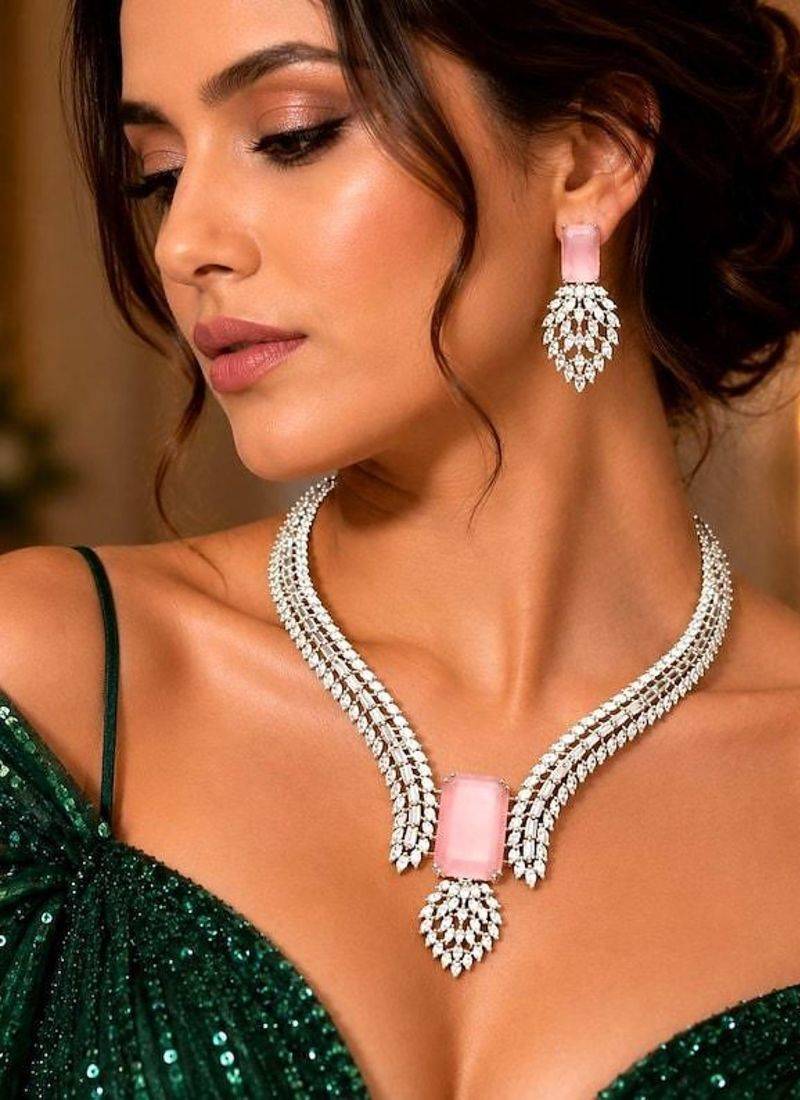 Pink Emerald Cut Statement Necklace Earrings Set, CZ Bridal Jewelry, Silver Crystal Bridesmaid Prom