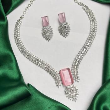 Pink Emerald Cut Statement Necklace Earrings Set, CZ Bridal Jewelry, Silver Crystal Bridesmaid Prom 2