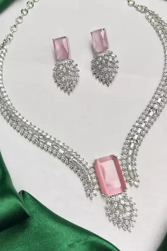 Pink Emerald Cut Statement Necklace Earrings Set, CZ Bridal Jewelry, Silver Crystal Bridesmaid Prom