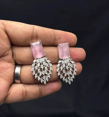 Pink Emerald Cut Statement Necklace Earrings Set, CZ Bridal Jewelry, Silver Crystal Bridesmaid Prom 3