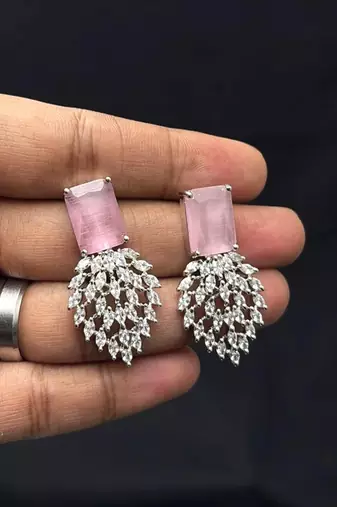 Pink Emerald Cut Statement Necklace Earrings Set, CZ Bridal Jewelry, Silver Crystal Bridesmaid Prom
