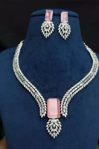 Pink Emerald Cut Statement Necklace Earrings Set, CZ Bridal Jewelry, Silver Crystal Bridesmaid Prom