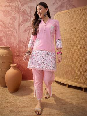 Pink cotton embroidered readymade suit set 1