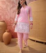 Pink cotton embroidered readymade suit set