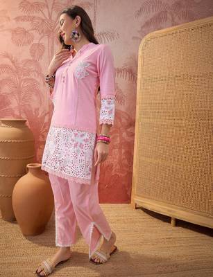Pink cotton embroidered readymade suit set 2