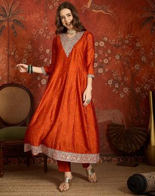 Rust silk blend embroidered readymade suit set 1