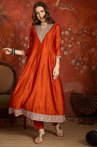 Rust silk blend embroidered readymade suit set