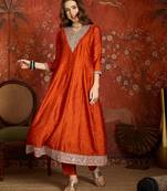 Rust silk blend embroidered readymade suit set